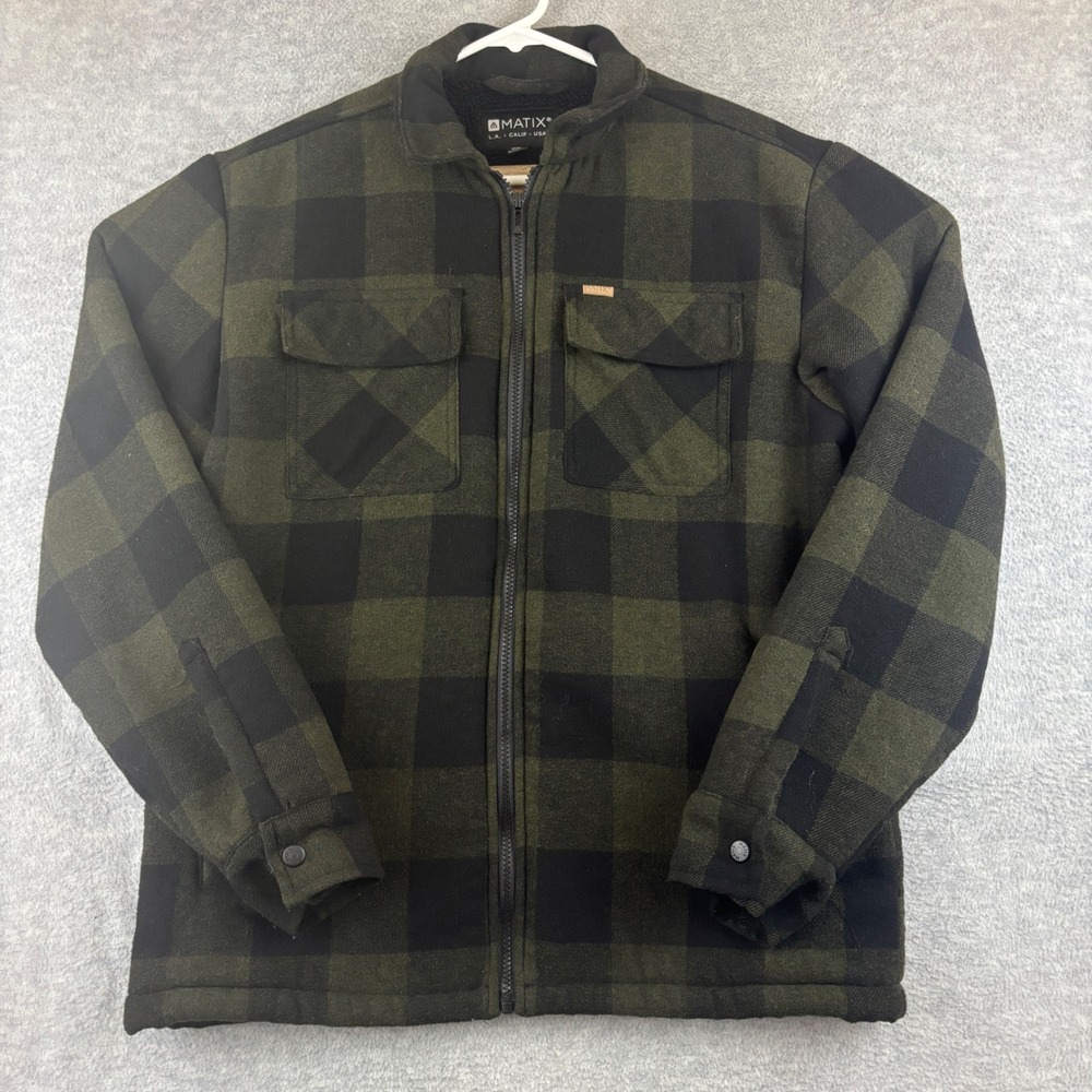 Matix Flannel Jacket Mens Medium Olive Green Buffalo Plaid Sherpa Lined Full Zip
